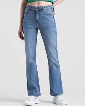 women lightly washed flared jeans