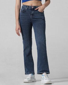 women lightly washed flared jeans