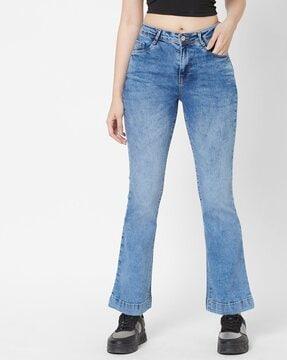 women lightly washed flared jeans