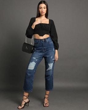 women lightly washed high-rise distressed boyfriend jeans