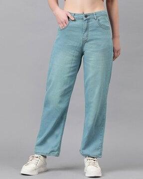 women lightly washed high-rise straight jeans