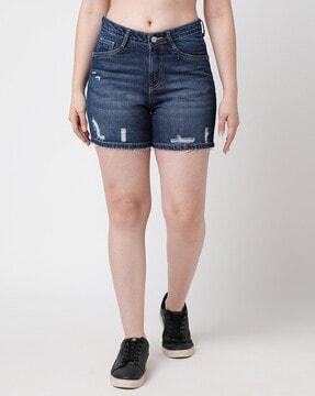 women lightly washed mid-distress slim fit shorts