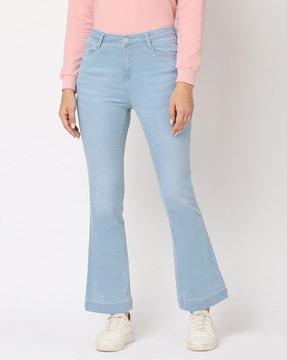 women lightly washed mini flare skinny fit jeans