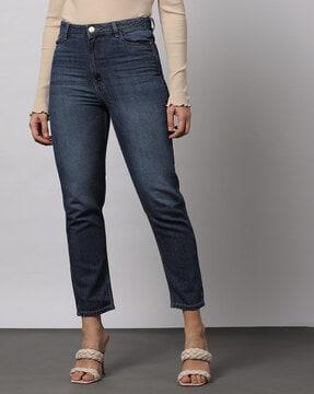 women lightly washed mom fit jeans