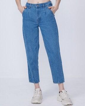 women lightly washed mom fit jeans