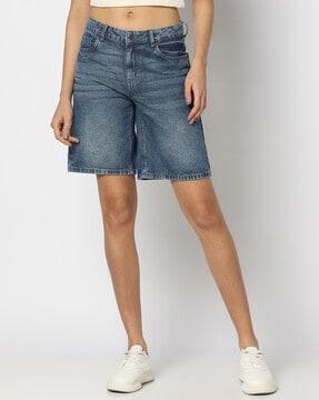 women lightly washed relaxed fit denim shorts