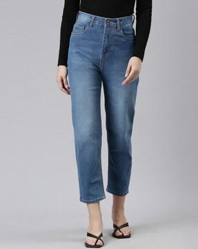 women lightly washed relaxed fit jeans