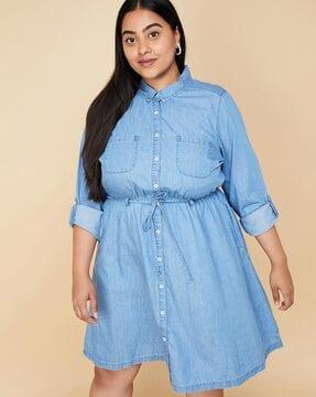 women lightly-washed shirt dress with roll-up sleeves