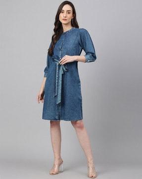 women lightly washed shirt dress with tie-up belt