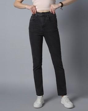 women lightly washed straight fit jeans