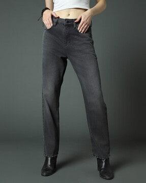 women lightly washed straight fit jeans