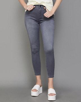 women lightly washed straight fit jeans