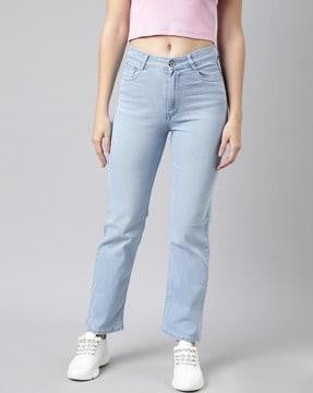 women lightly washed straight fit jeans