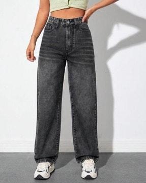women lightly washed straight fit jeans