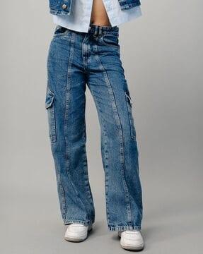 women lightly washed straight fit jeans