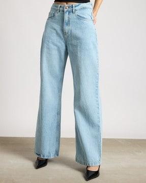 women lightly washed straight fit jeans