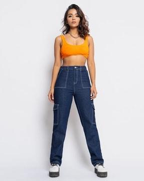 women lightly washed straight fit jeans