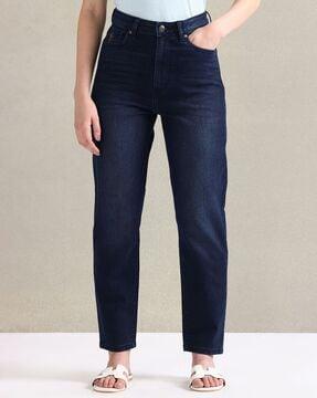 women lightly washed straight fit jeans