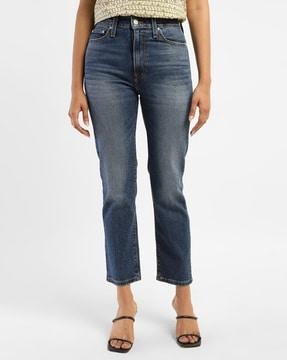 women lightly washed straight jeans