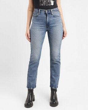 women lightly washed straight jeans