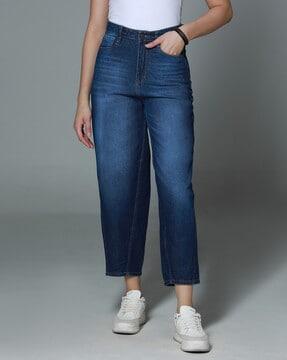 women lightly-washed straight jeans