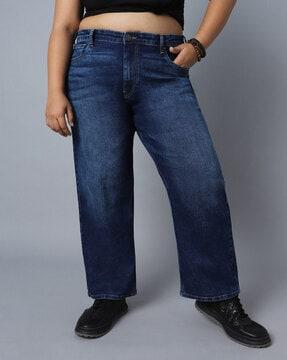 women lightly washed wide jeans