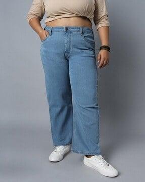 women lightly washed wide jeans