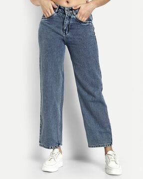 women lightly-washed wide-leg jeans