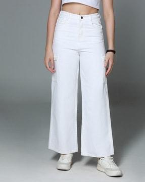 women lightly-washed wide leg jeans