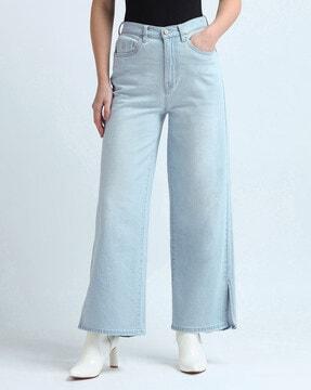 women lightly washed wide-leg jeans