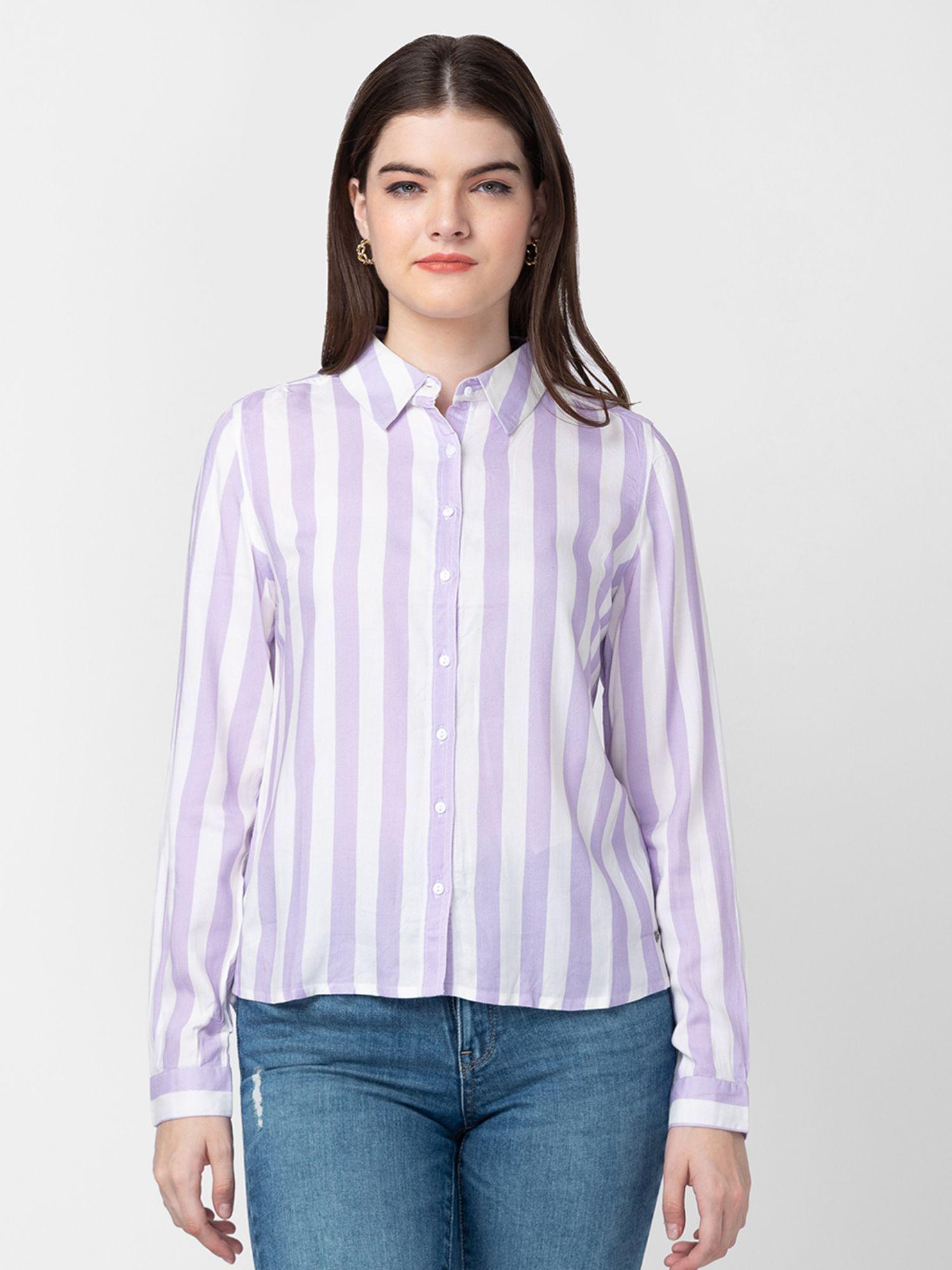 women lilac cotton slim fit striped shirt