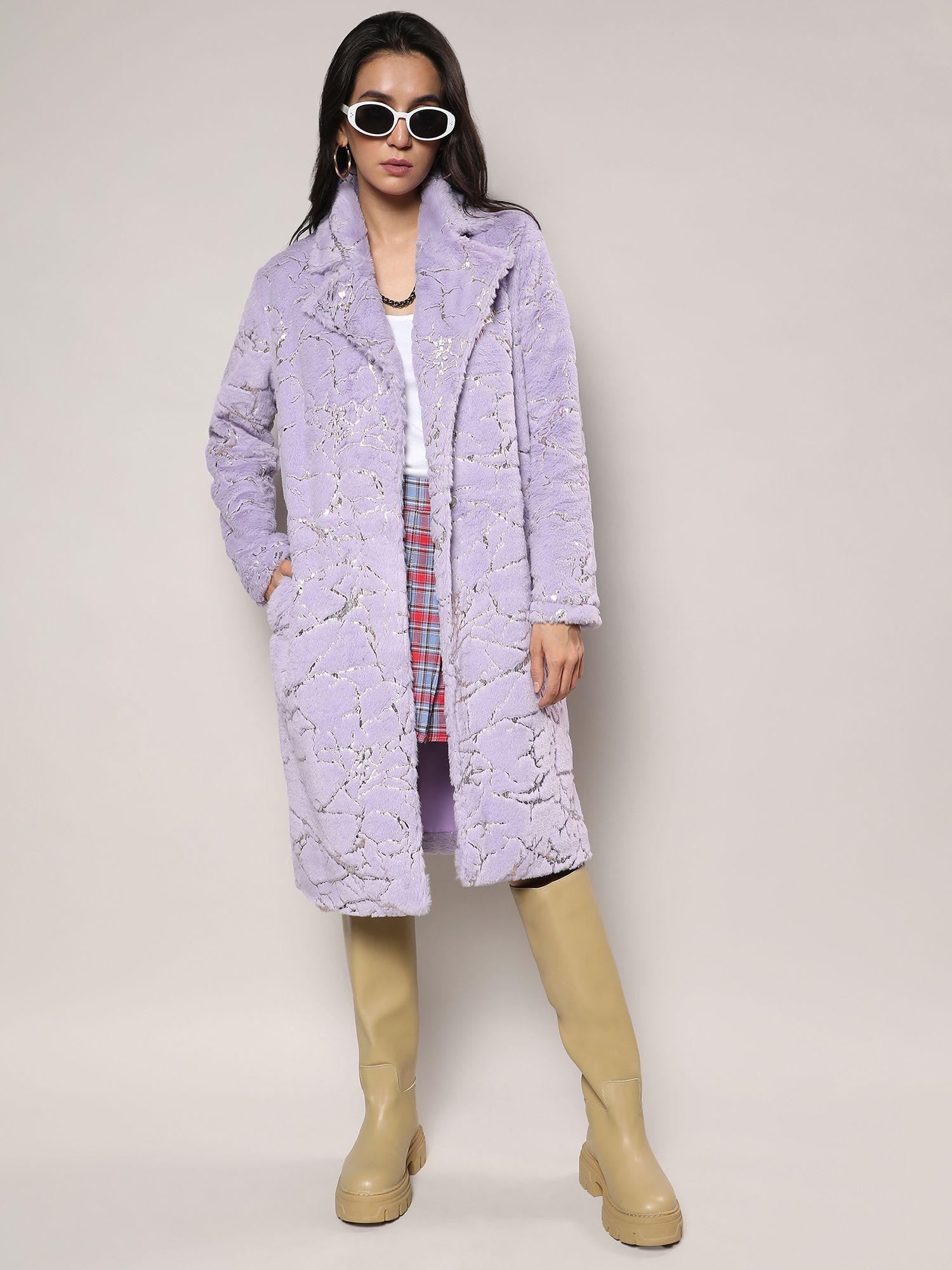 women lilac metallic veined faux fur long coat