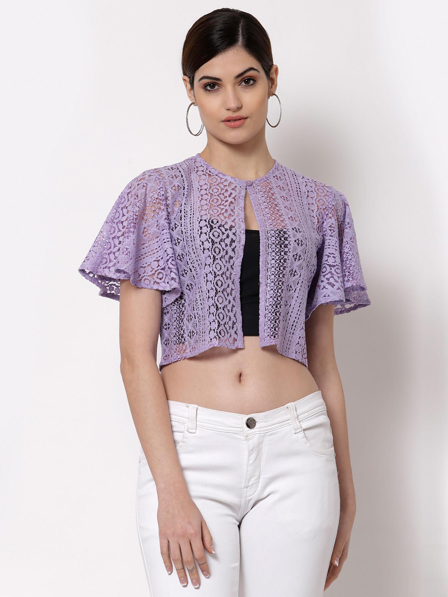 women lilac self design lace open front smart casual shrug