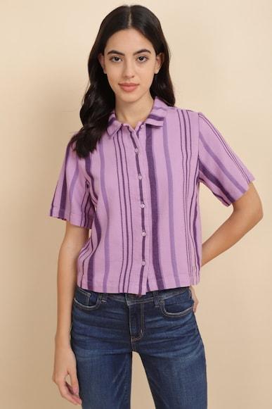 women lilac stripe short sleeves shirt