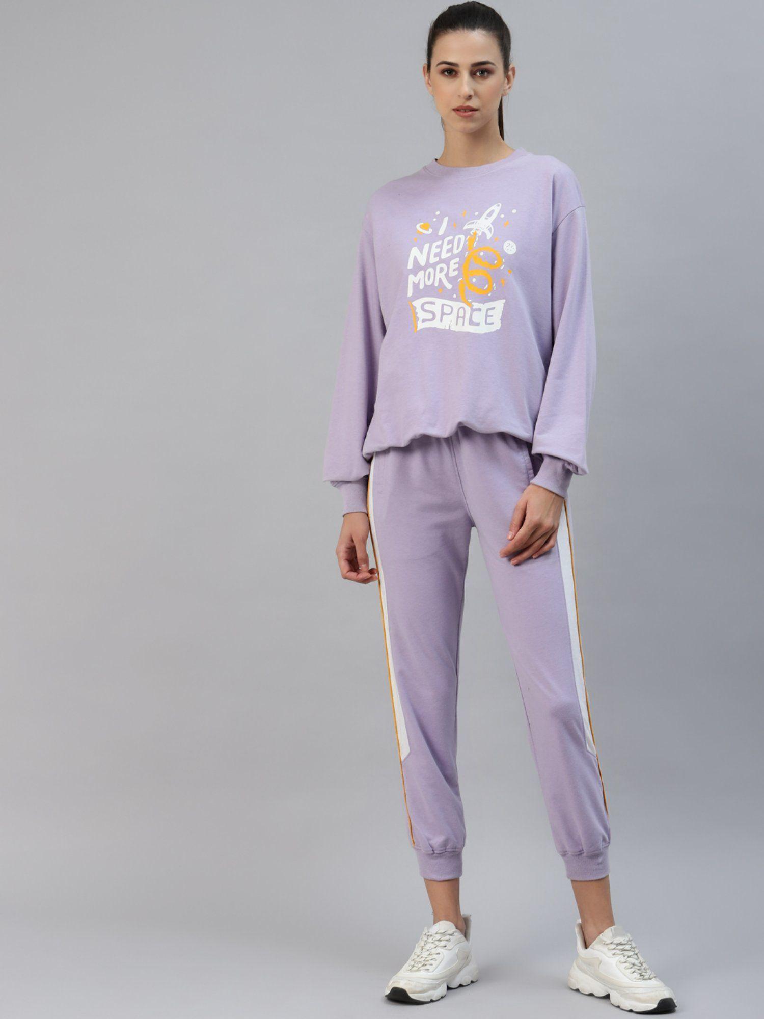 women lilac white printed tracksuit (set of 2)