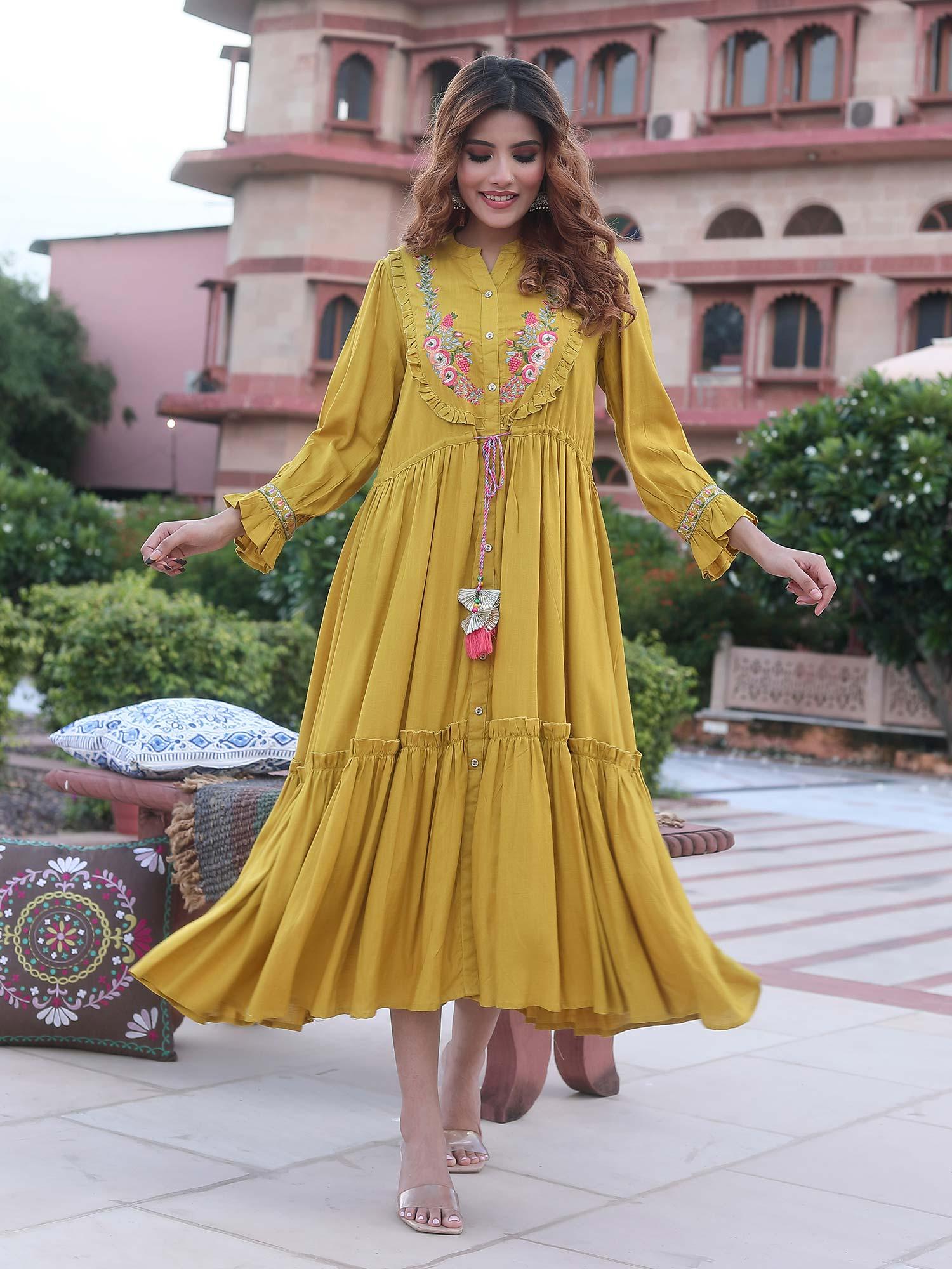 women lime green & pink embroidered tiered kurta