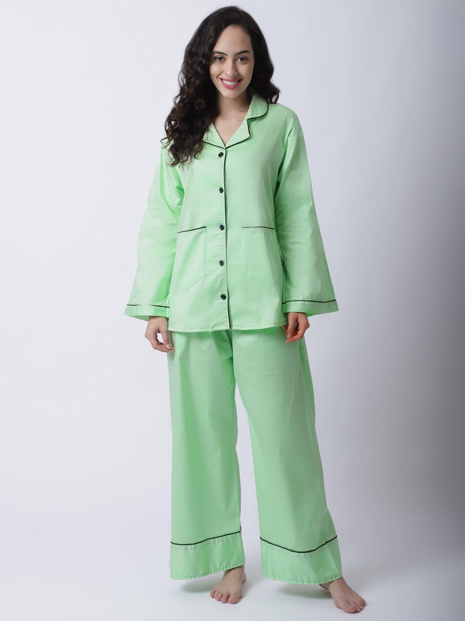 women lime green cotton satin night suit (set of 2)