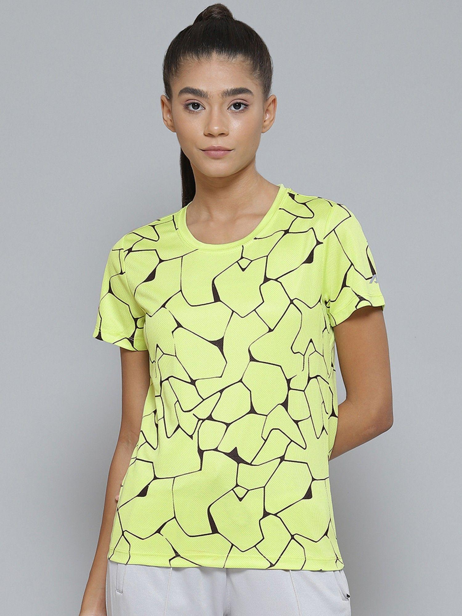 women lime green printed slim fit sports t-shirt