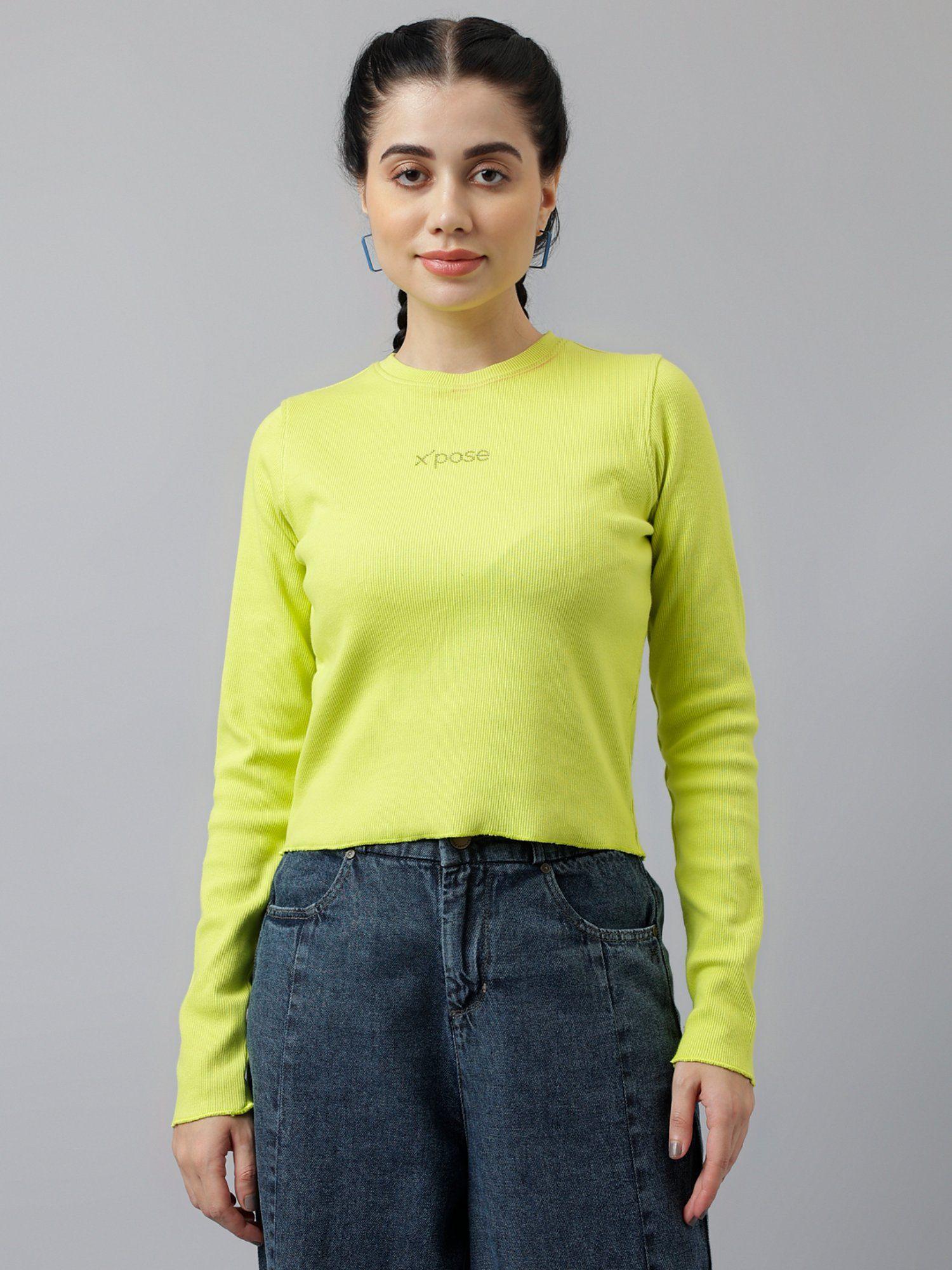 women lime green round neck ribbed fitted top