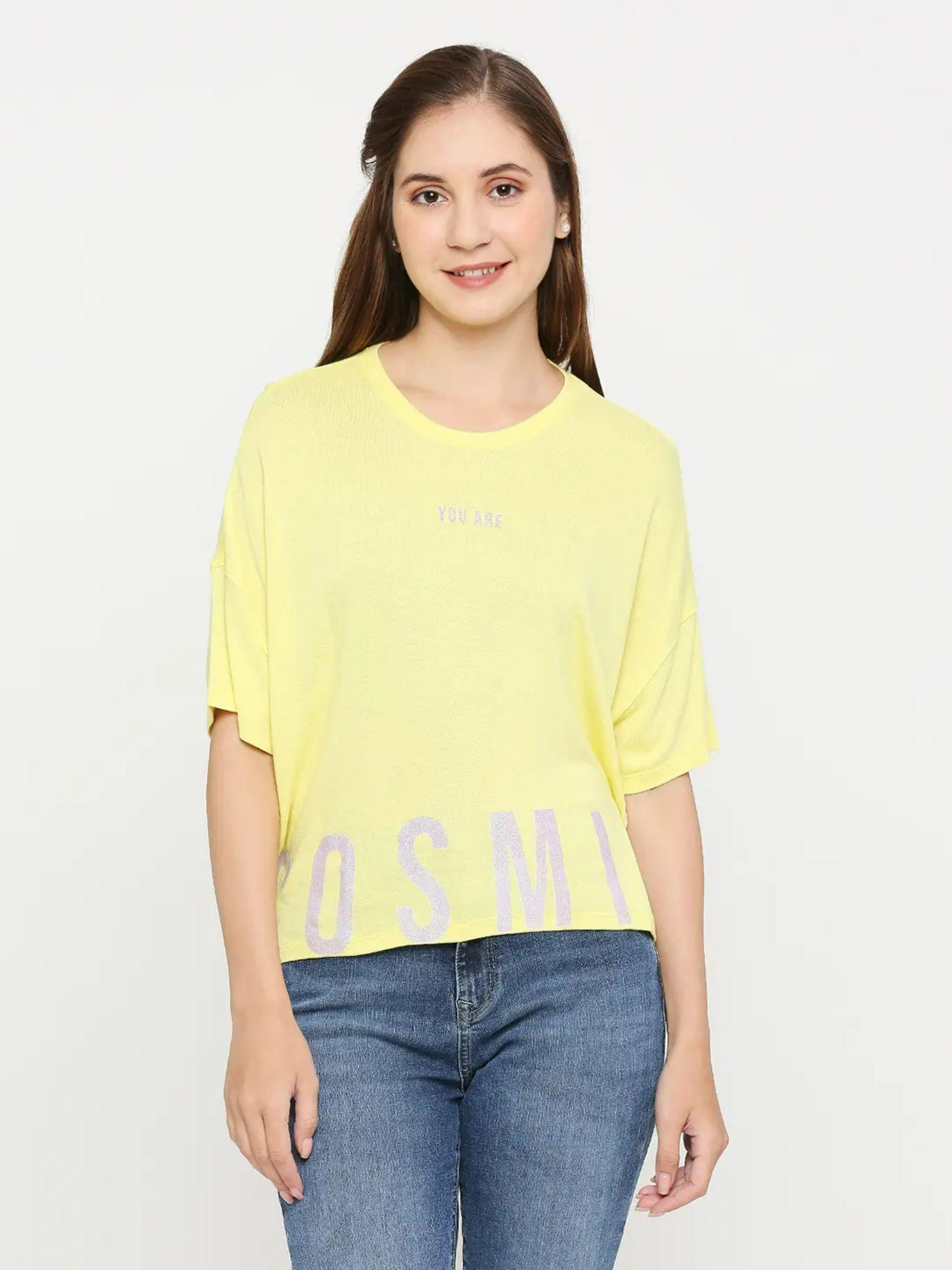 women lime yellow cotton regular fit round neck printed tshirt