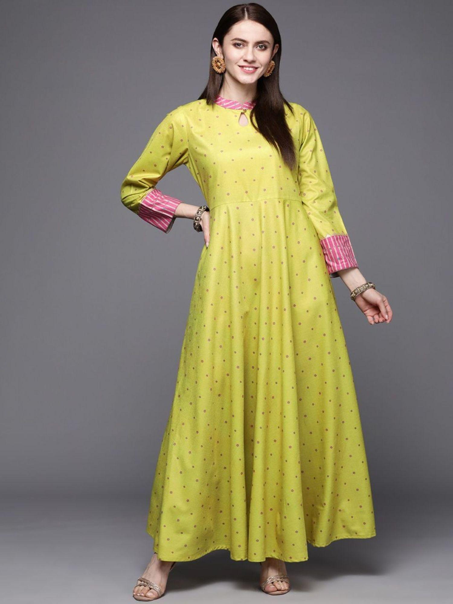 women lime yellow pink printed pleated a line maxi ethnic dress