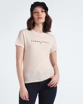 women linear embroidered slim fit round-neck t-shirt