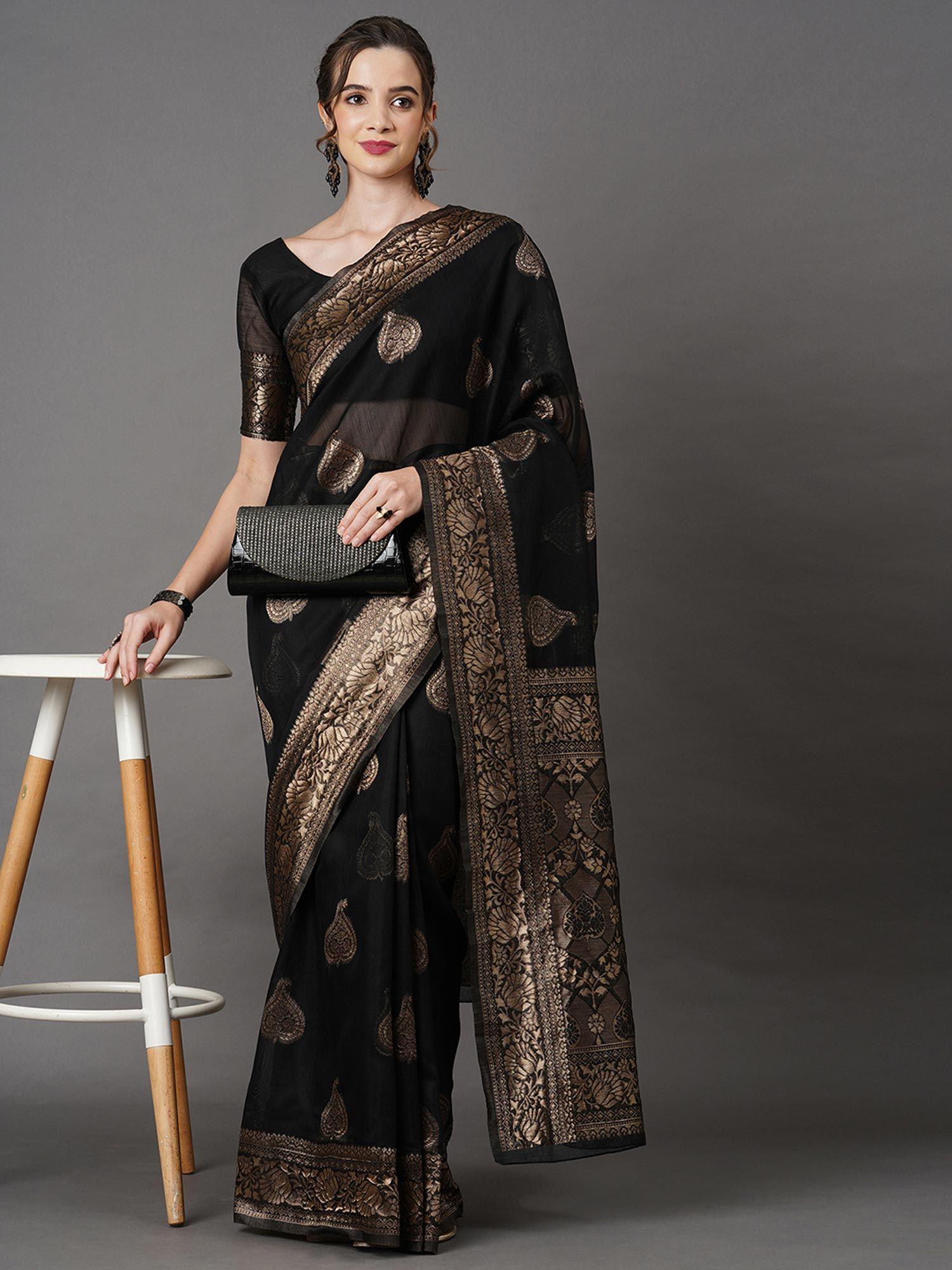 women linen black woven design saree with unstitched blouse piece