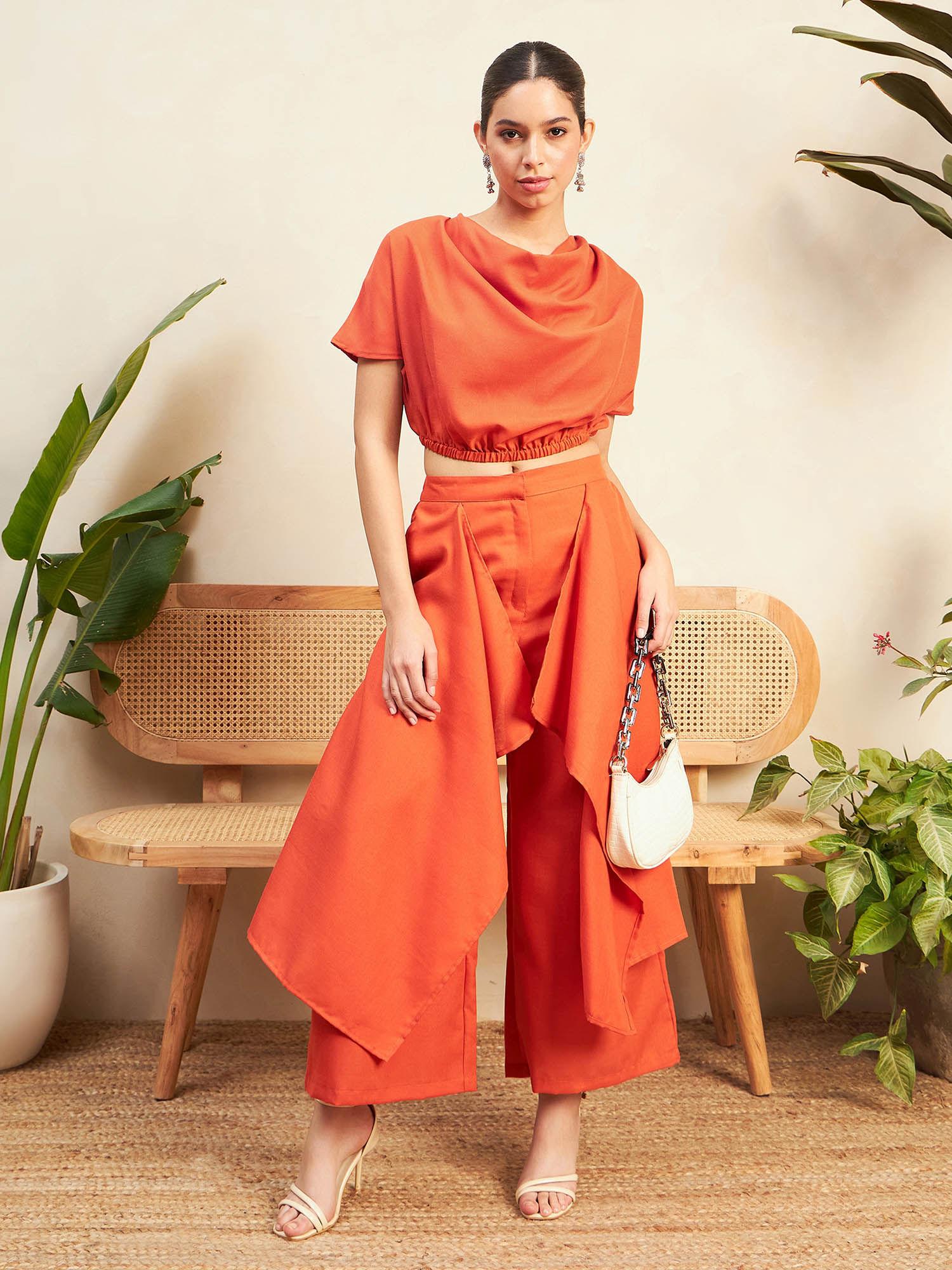 women linen cowl neck two piece co-ord orange (set of 2)