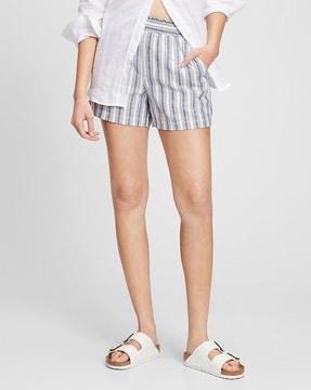 women linen striped shorts with paperbag waist