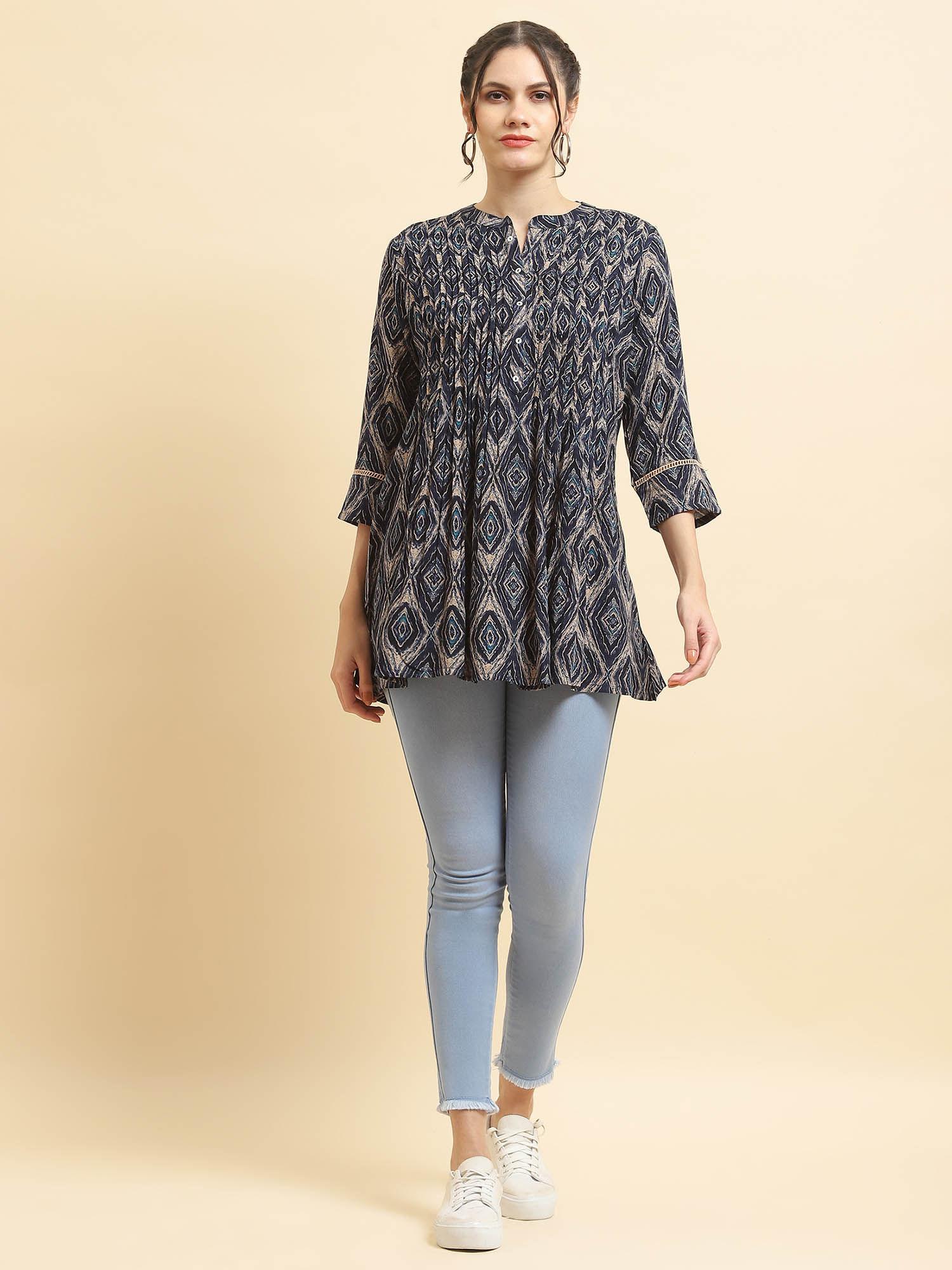 women liva rayon blue geometric print tunic