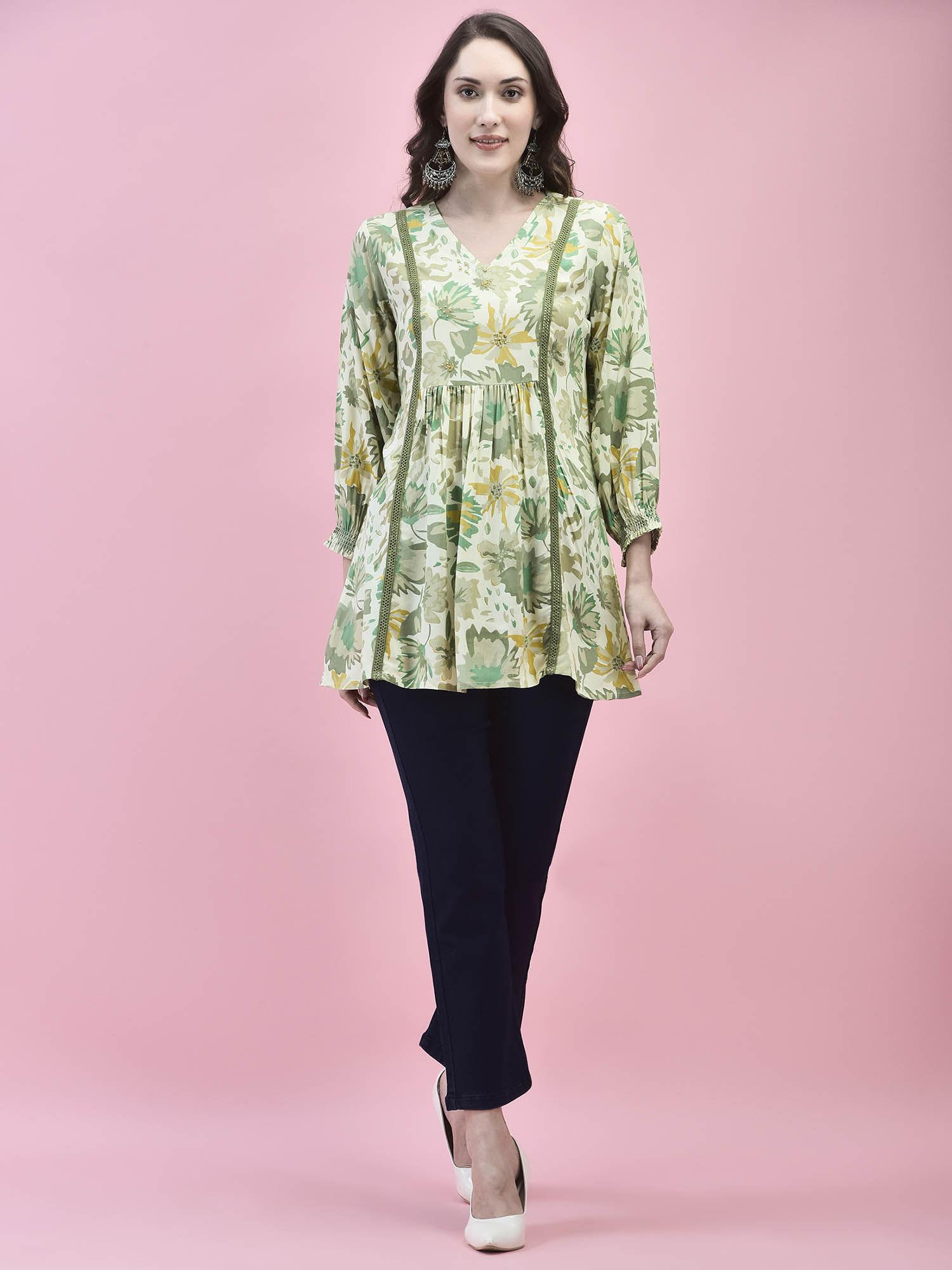 women liva rayon green floral print tunic