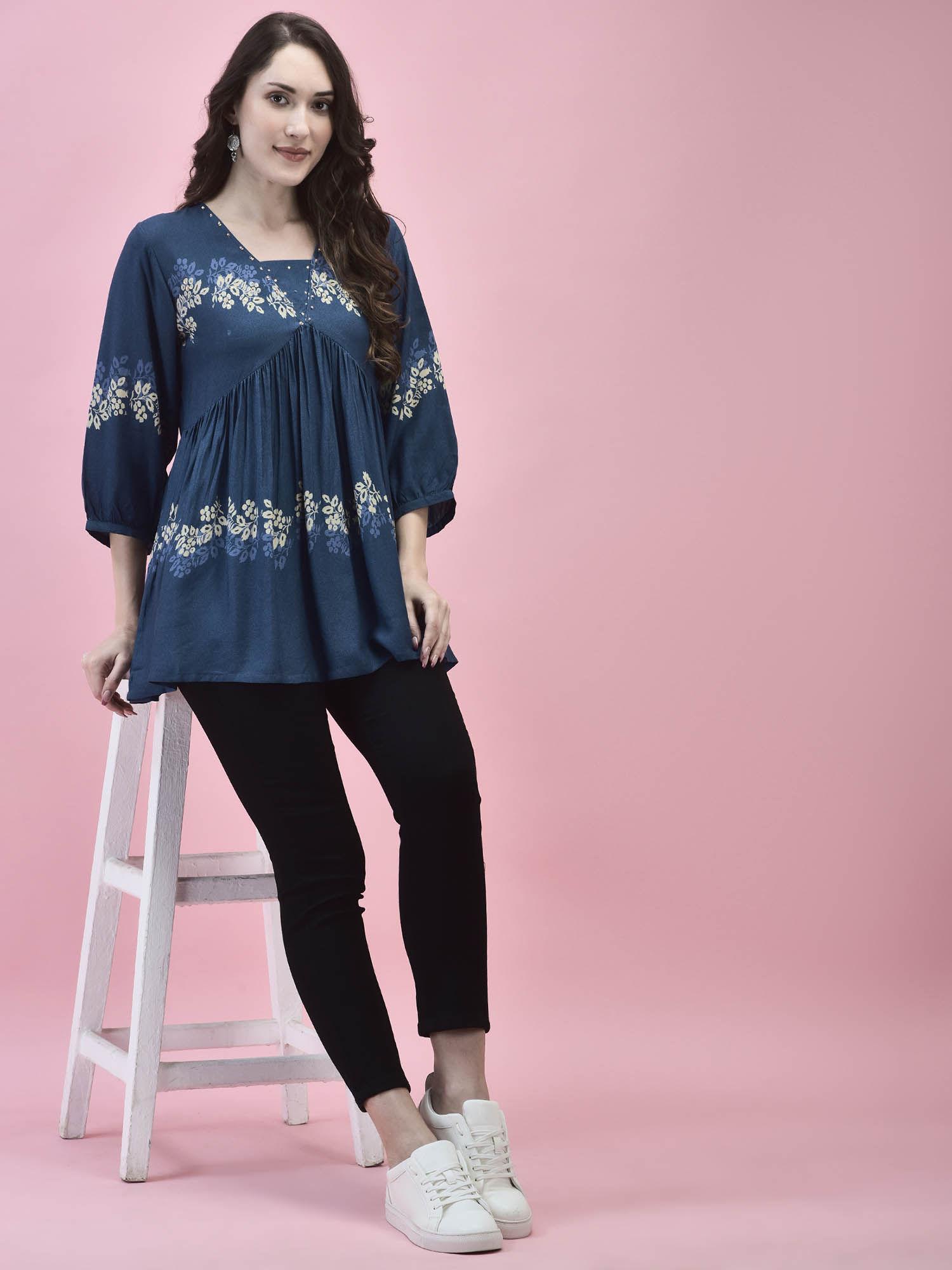 women liva rayon navy blue floral print tunic