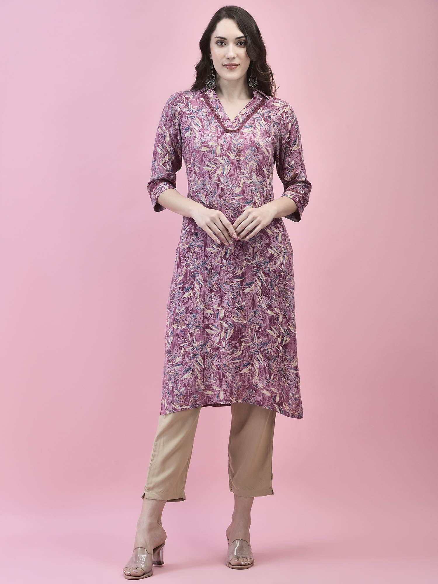 women liva rayon purple floral print kurta