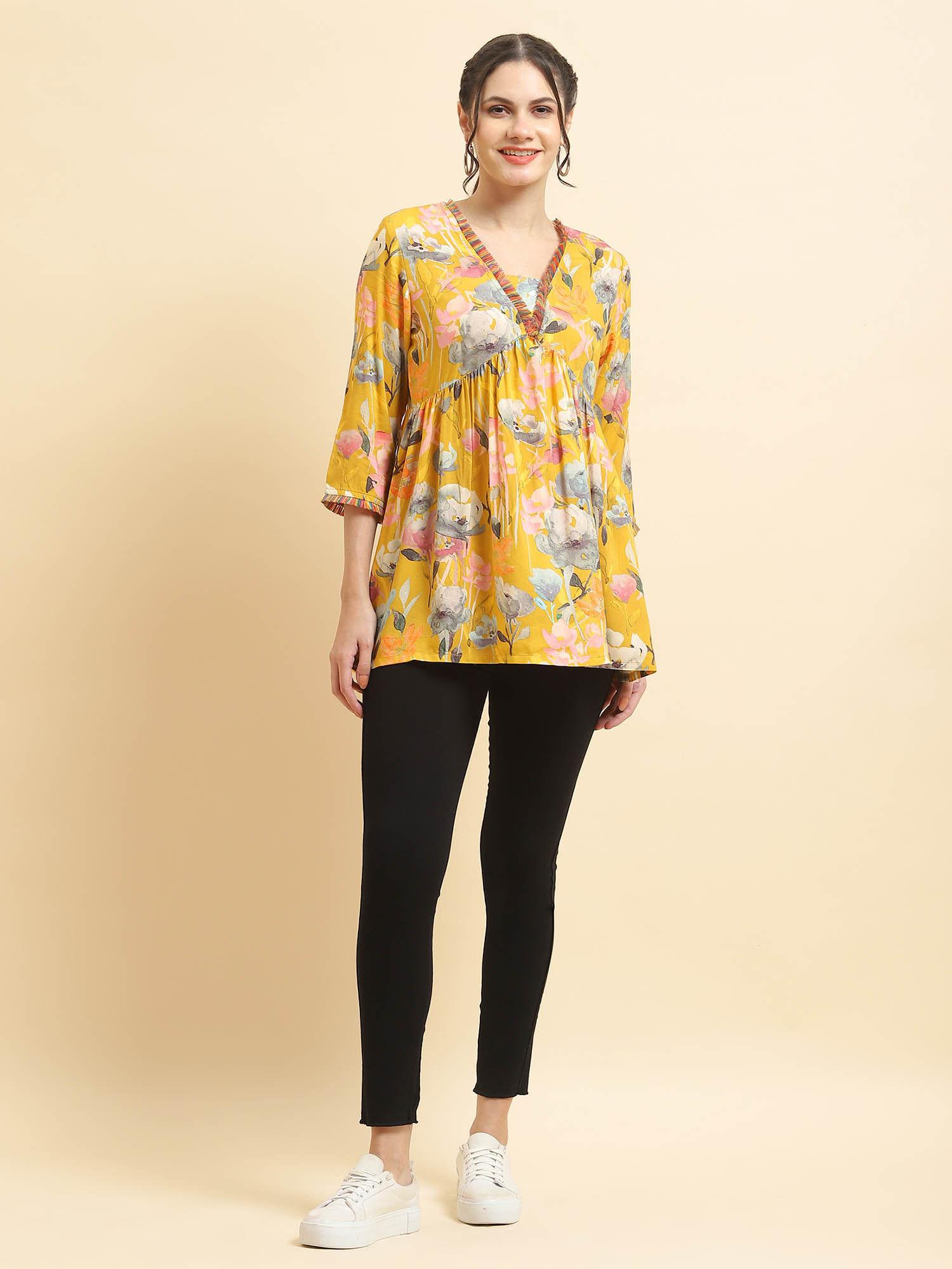 women liva rayon yellow floral print tunic